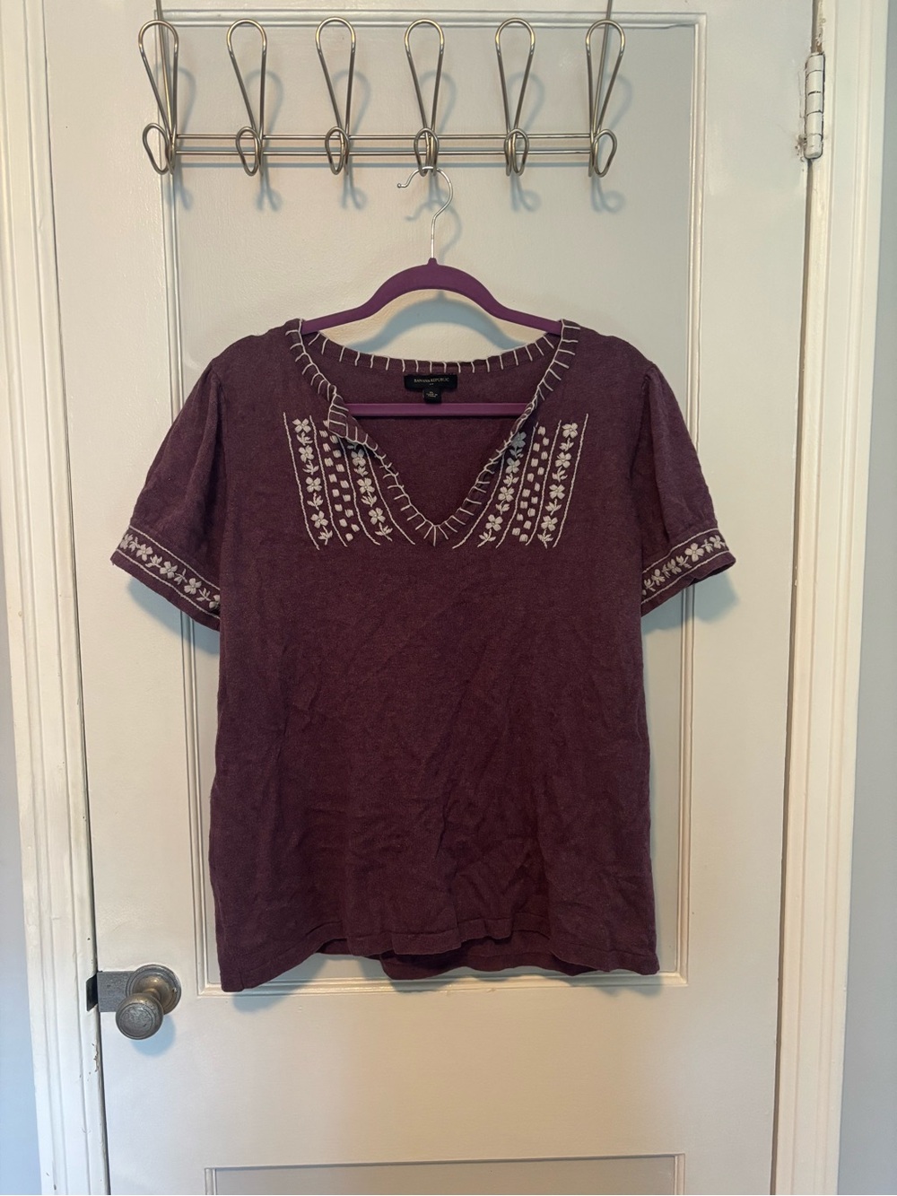 Banana Republic Plum Short-Sleeve Embroidered V-Neck Top